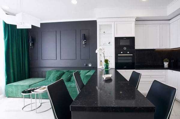 Кухня-студия в черно-белом и зеленом цвете